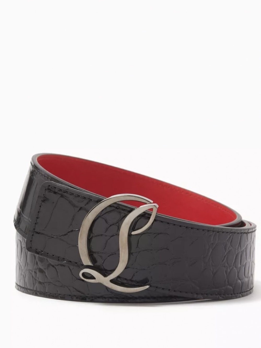 Christian Louboutin Black Croc-Embossed Leather Belt with Red Interior